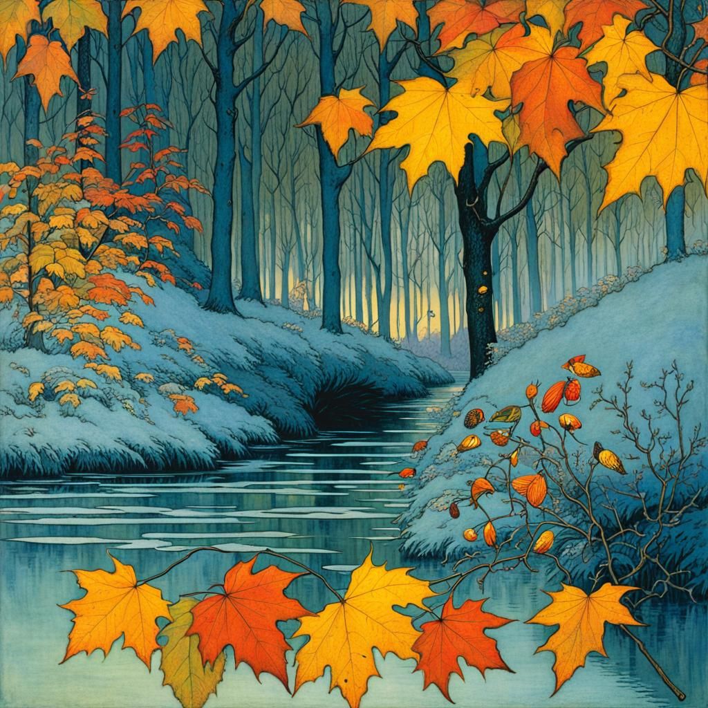 Autumn Leaves Fall in First Frost Digital Painting