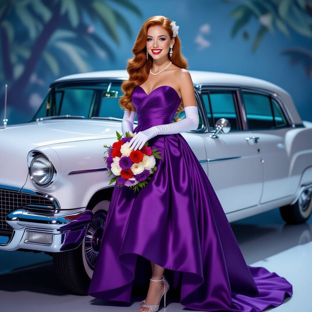 1957 Prom Night: Woman in Violet Dress with Lincoln Limousin...