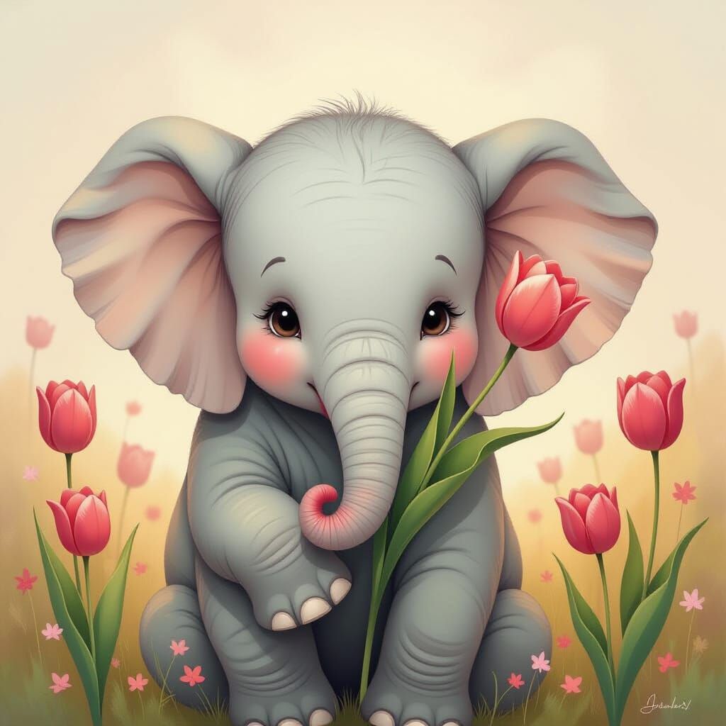 Fluffy Elephant Holds Tulip in Vibrant Oil Painting Style