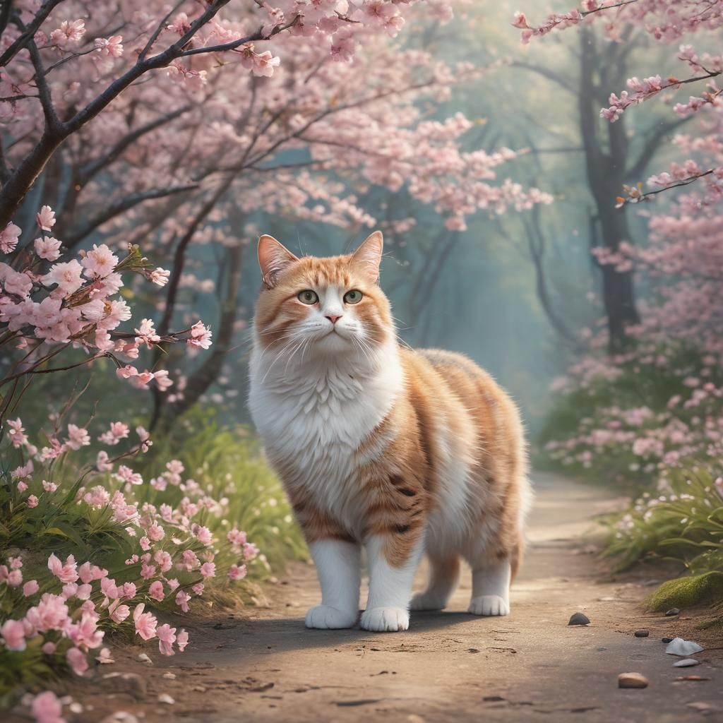 Japanese Cat in Cherry Blossom Forest