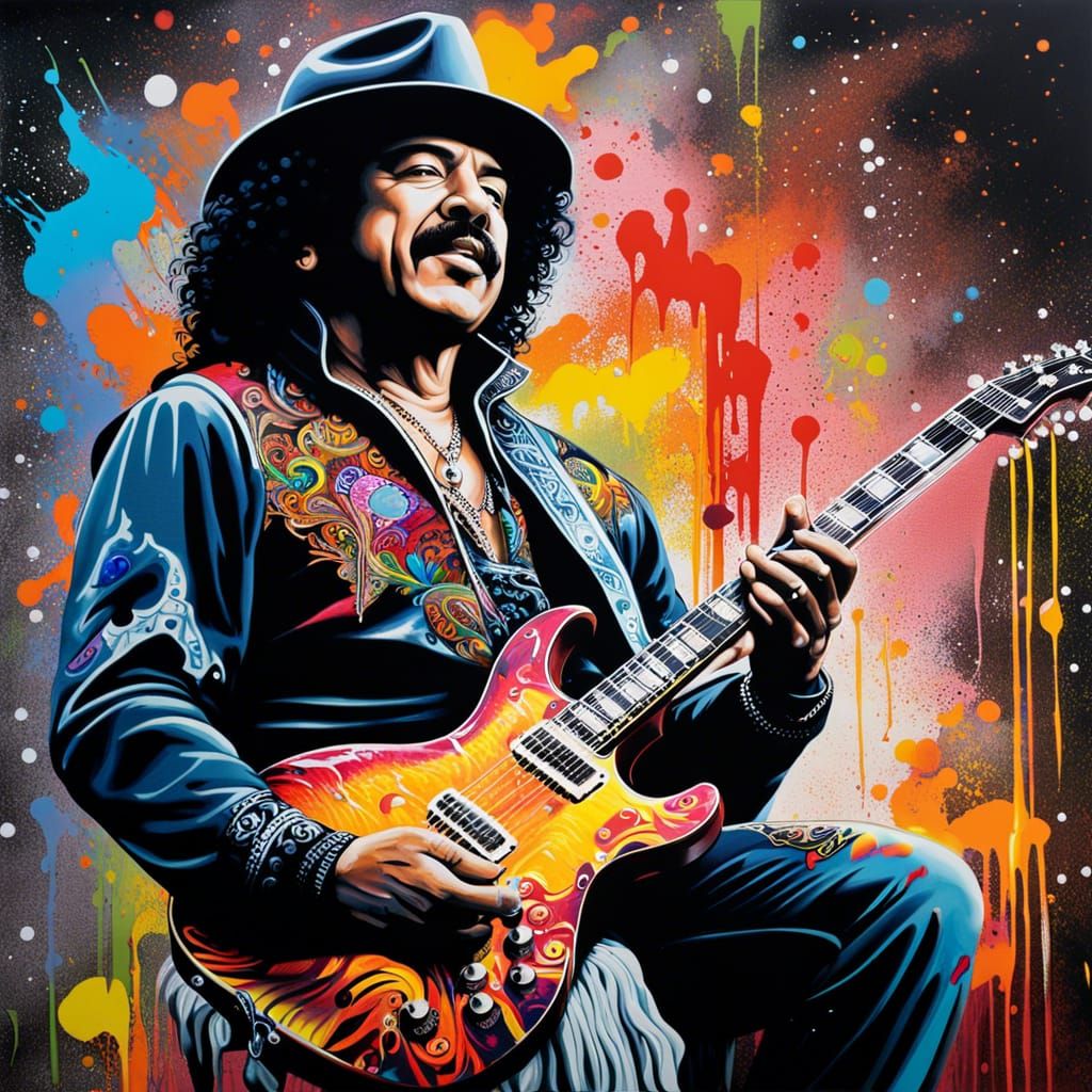 Carlos Santana with his guitar, graffiti art,