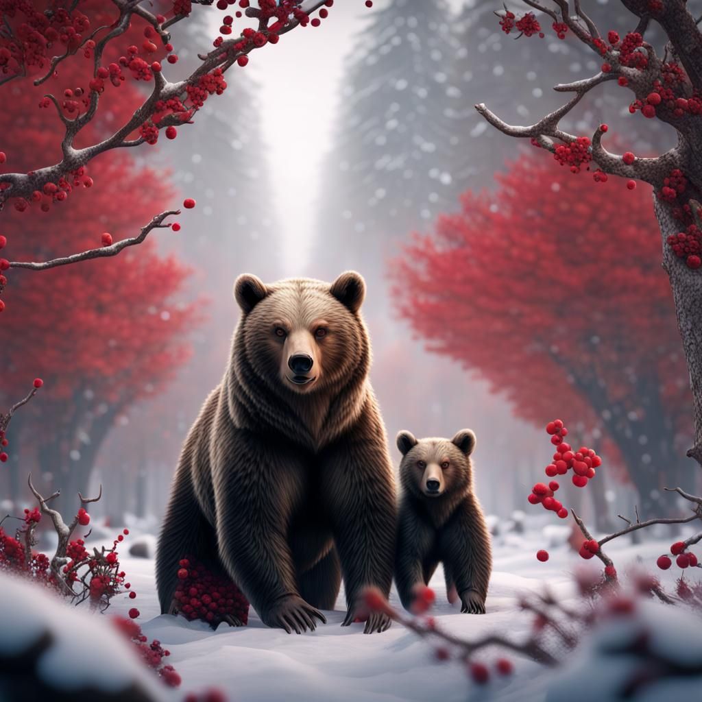 Bear Family Foraging in Winter Snow, Cinematic 8K