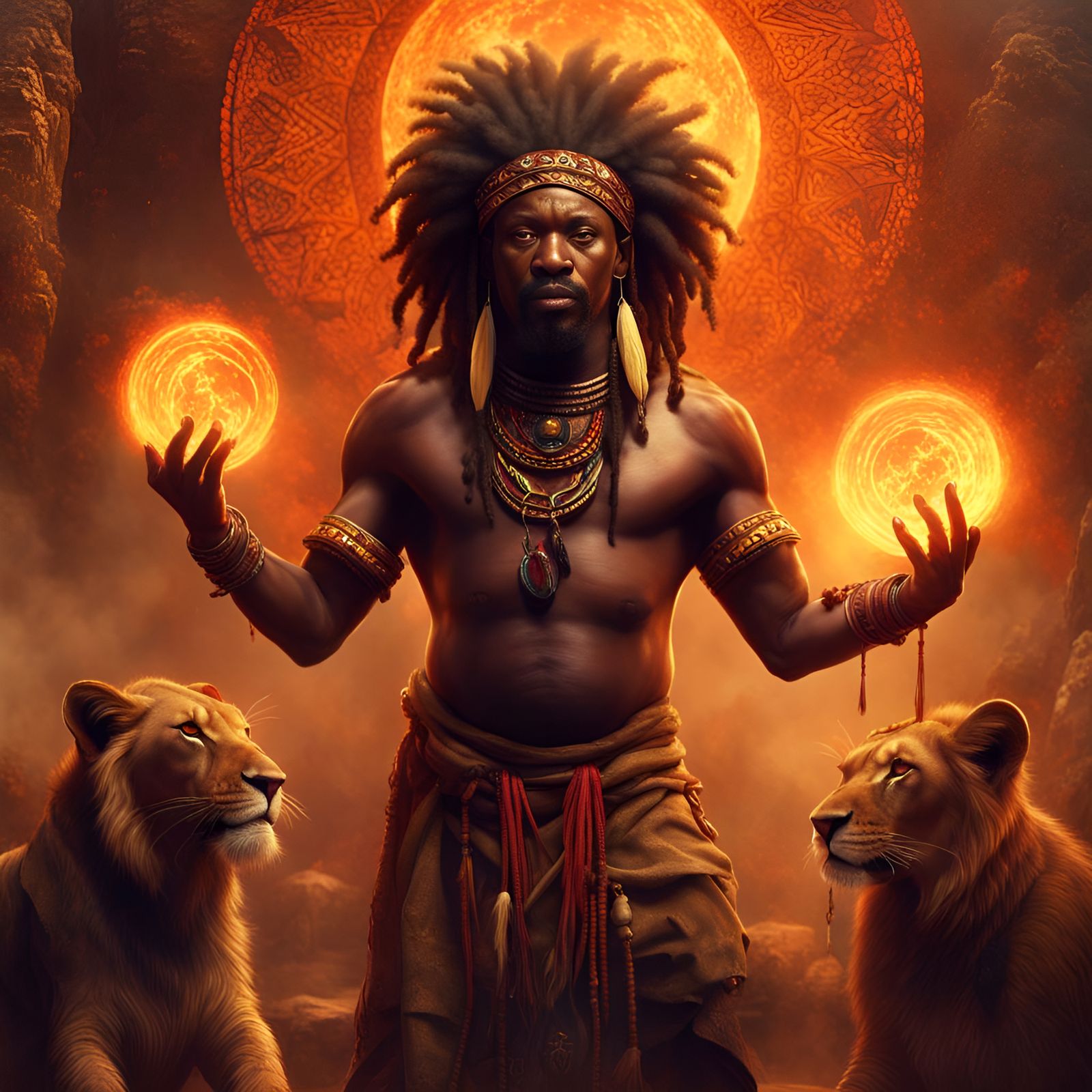 African Shaman Summons Lion Spirit: Detailed Matte Painting