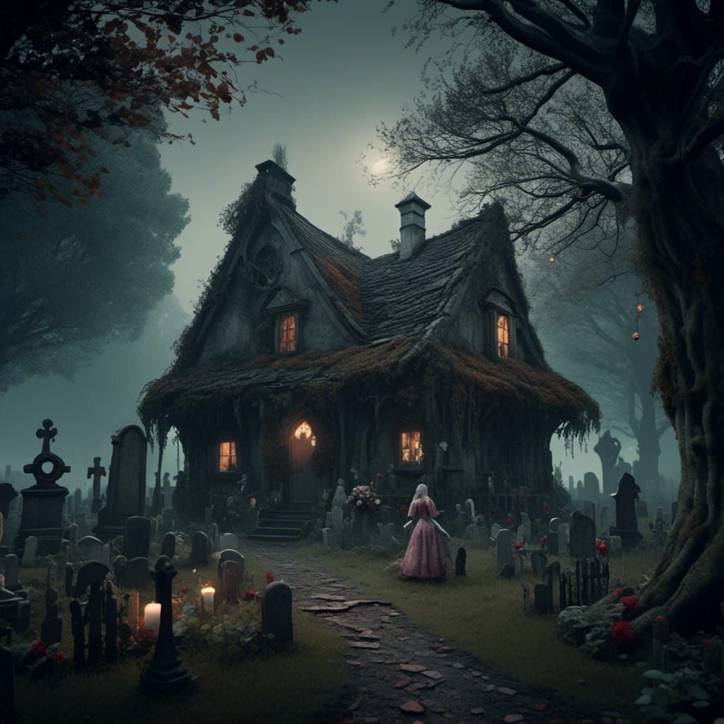 Hansel and Gretel stand in the foreground with the witch lur...