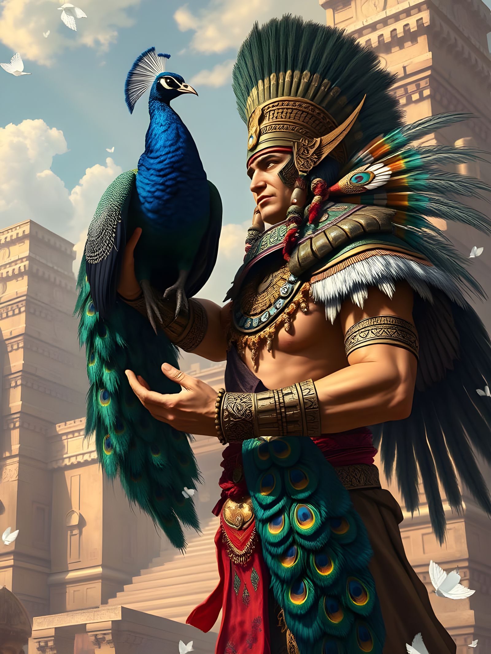 Surreal Peacock Masterpiece in Aztec Temple Style