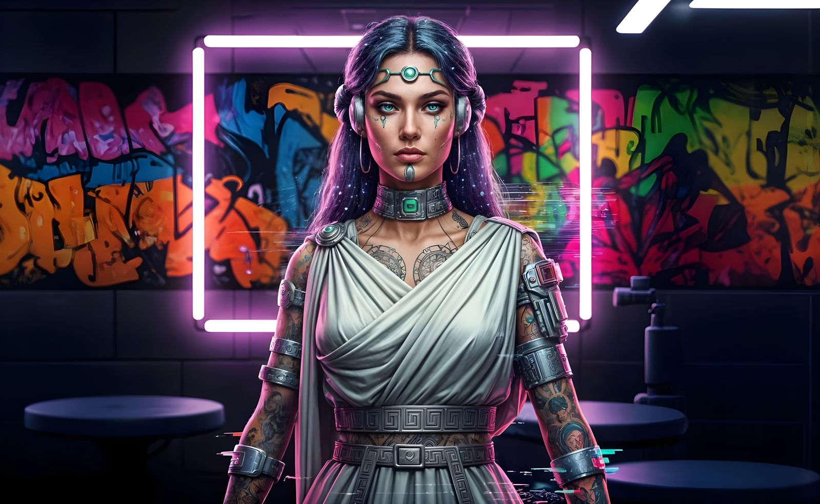 Retrofuturistic Tattoo Artist in Cyberpunk Studio