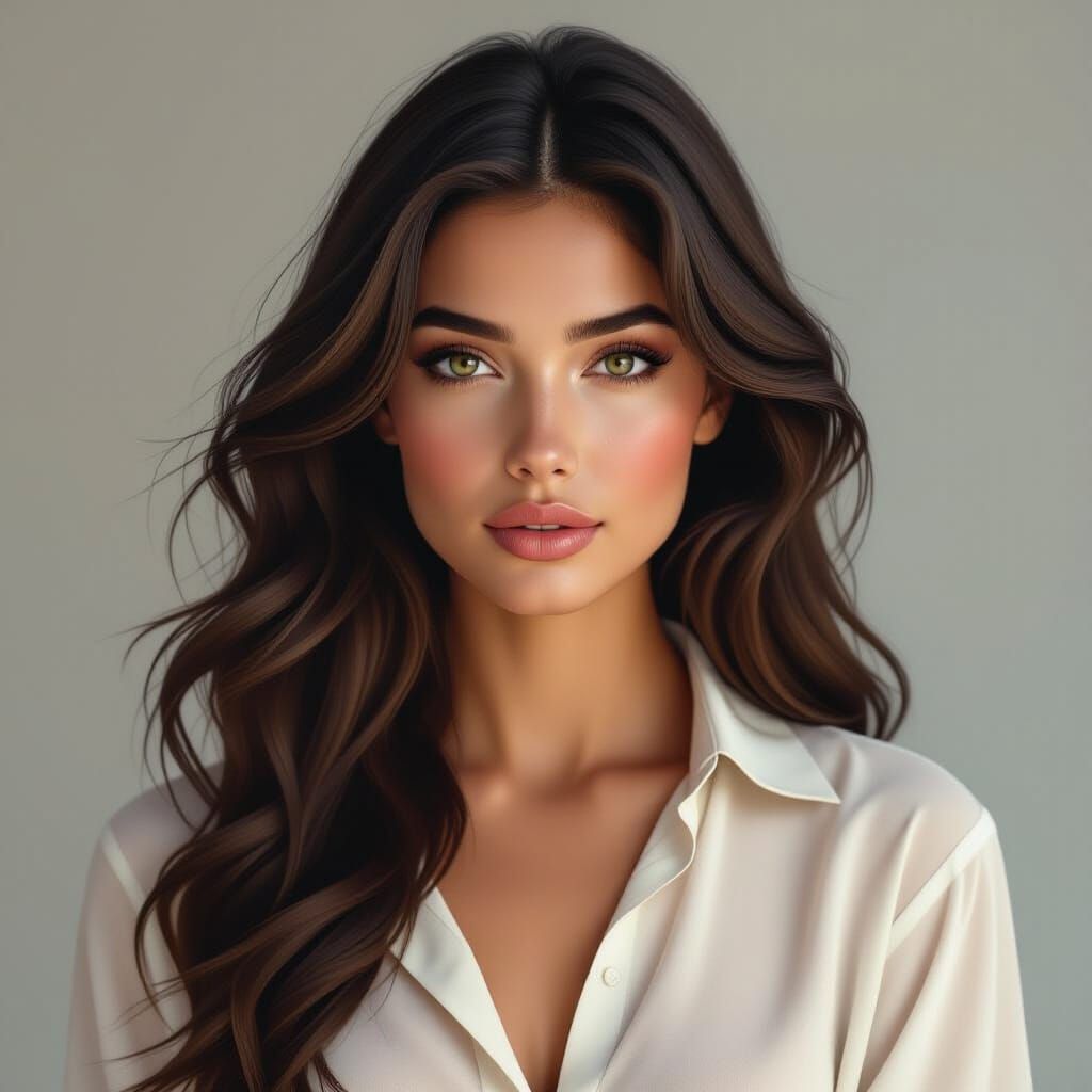 A striking monochrome portrait of a young woman with long, f...