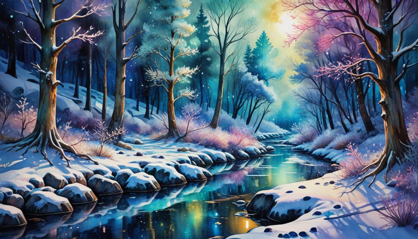 Winter Creek Watercolor in Cosmic Astral Style