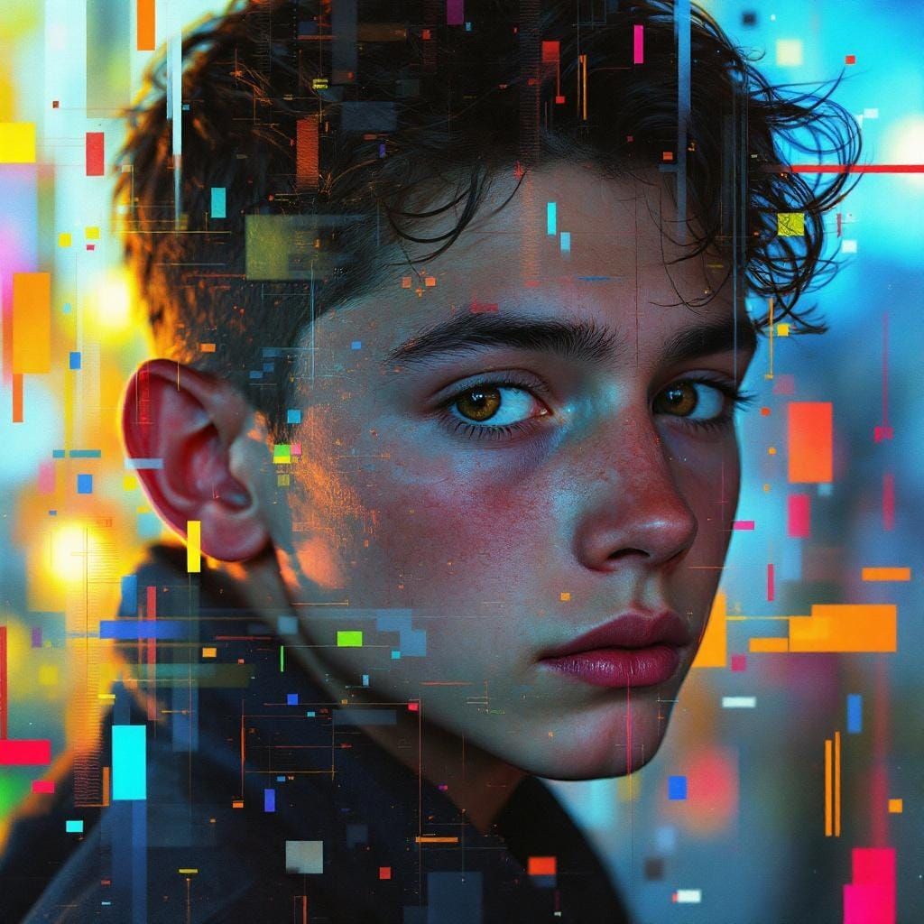 Distorted Portrait of Boy in Digital Glitch Art Style