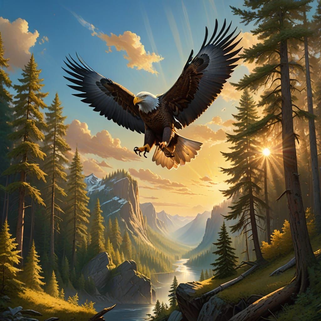 Majestic Eagle Soars Over Breathtaking Forest Landscape