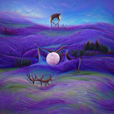 Deer with Seven Antlers Under Purple Moon in Hyperrealism