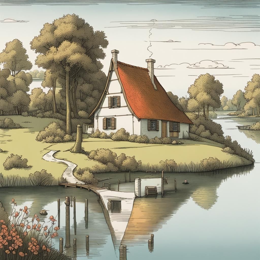 Cozy Cottage by Lake in Spring, Line Art