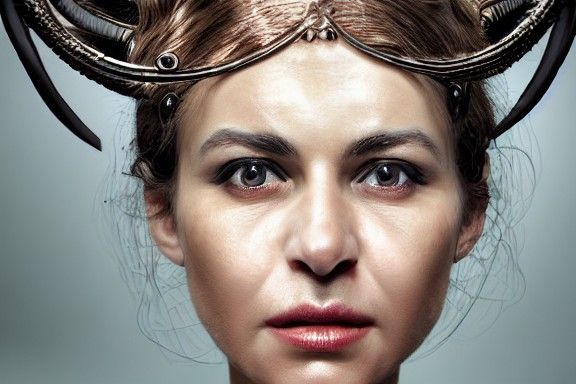 Woman with Horns and Halo: Hyper-Realistic Portrait