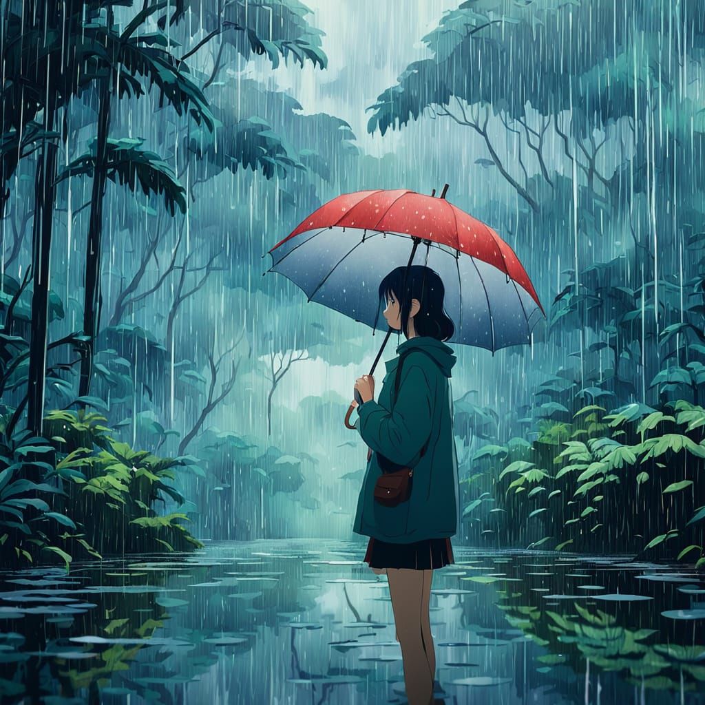 Anime Girl Stands Under Warm Rainforest Rain with Vibrant Um...