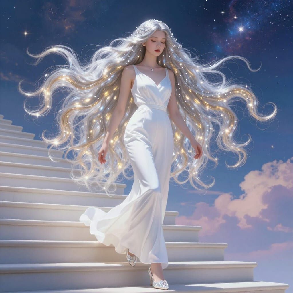 Celestial Staircase Descent in Digital Matte Painting Style