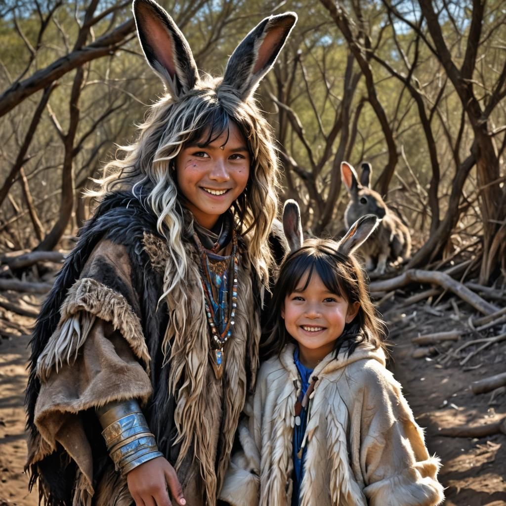 Boy and Girl with Rabbit Ears in Tribal Attire