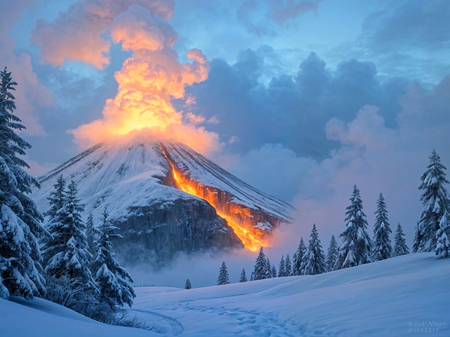 Erupting Volcano in Winter Landscape, Fantasy Concept Art