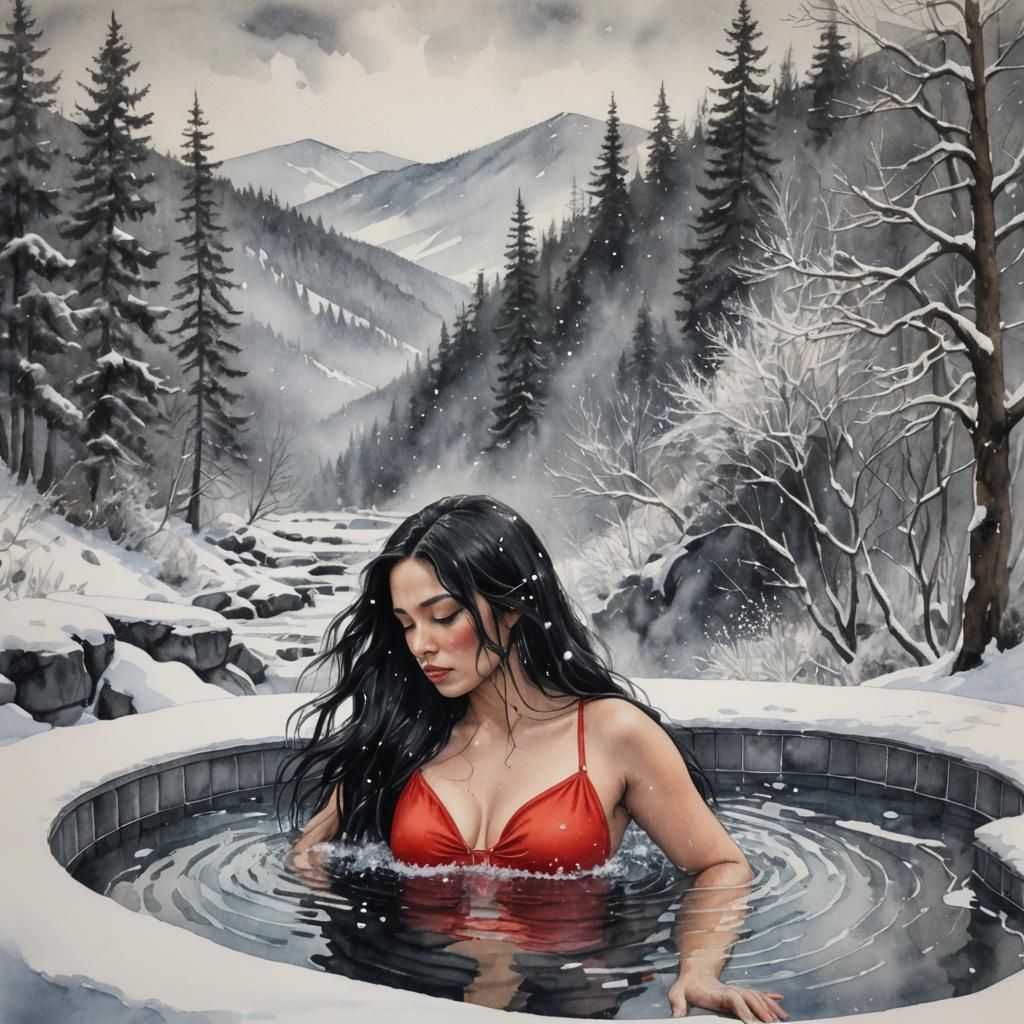 Latina Girl in Snowy Hot Tub, Charcoal Drawing