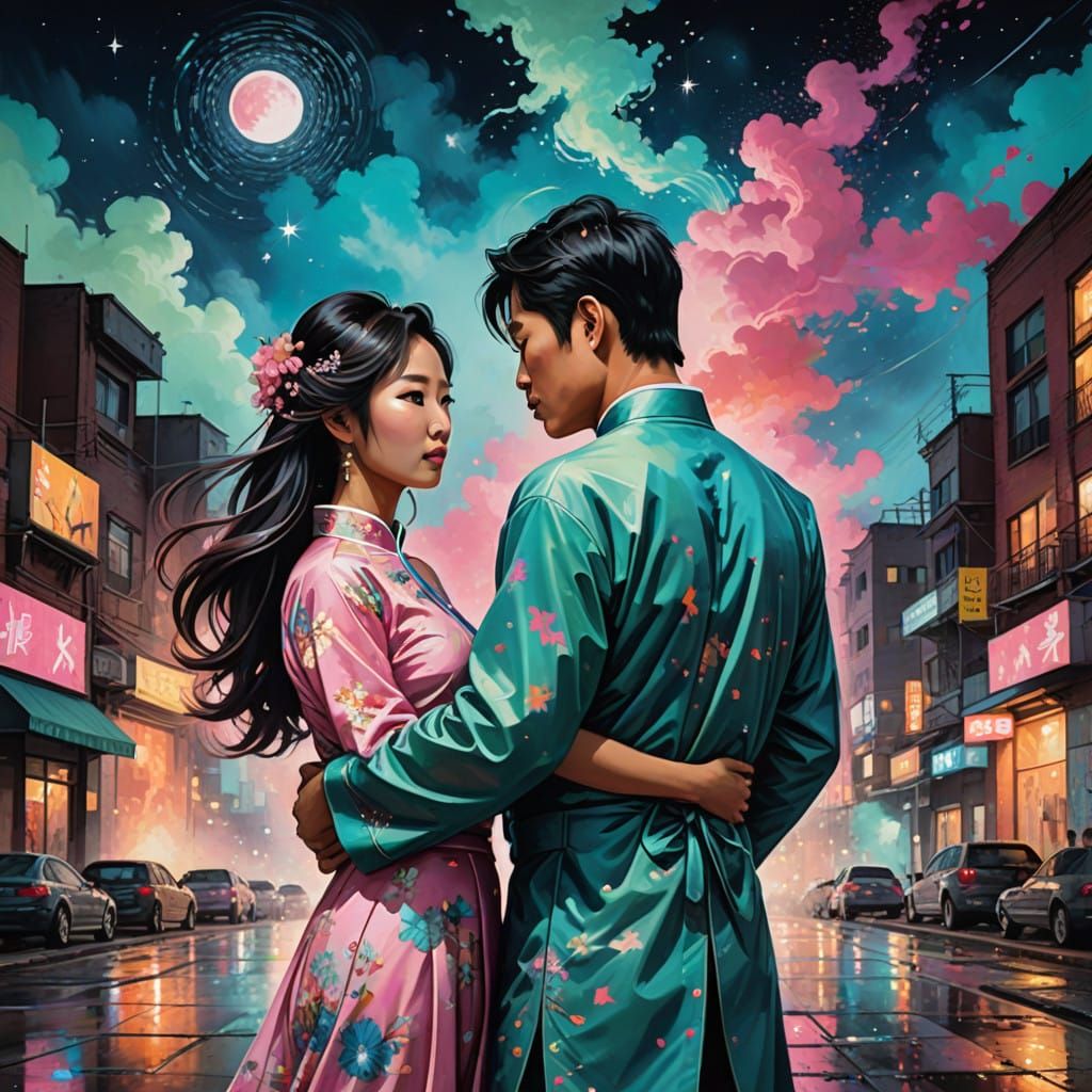 Starlit Asian Couple in Vibrant Night Sky