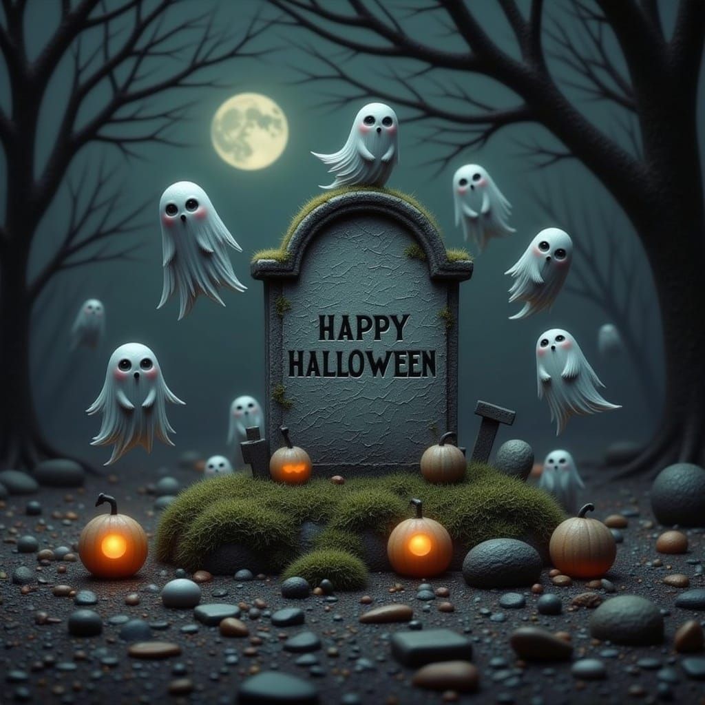 Halloween Graveyard Scene with Chibi Ghosts, 3D Render