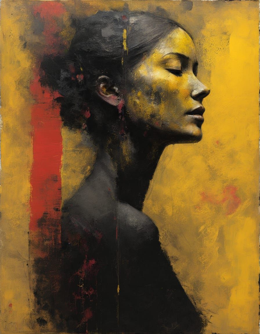 Abstract Expressionist Portrait in Yellow Red and Black