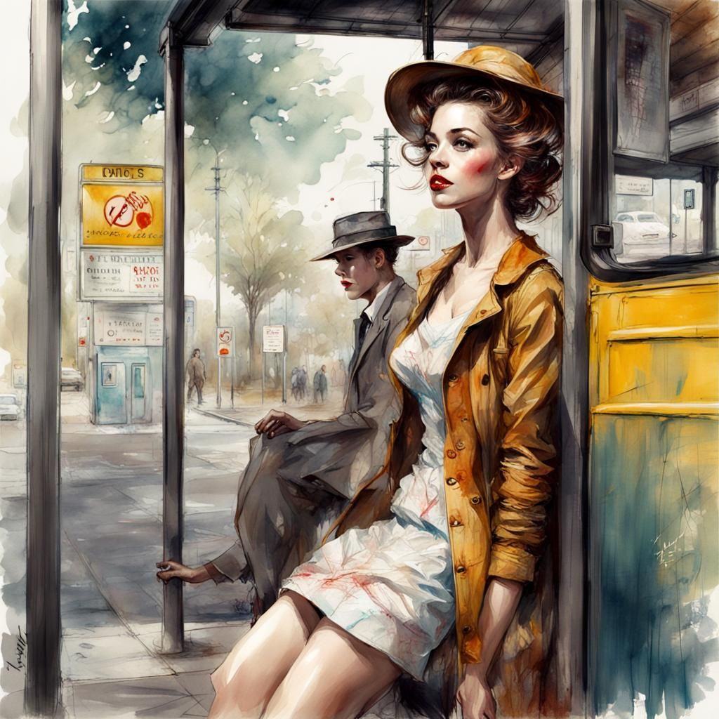 1950s Pinup in Stylized Watercolor Art
