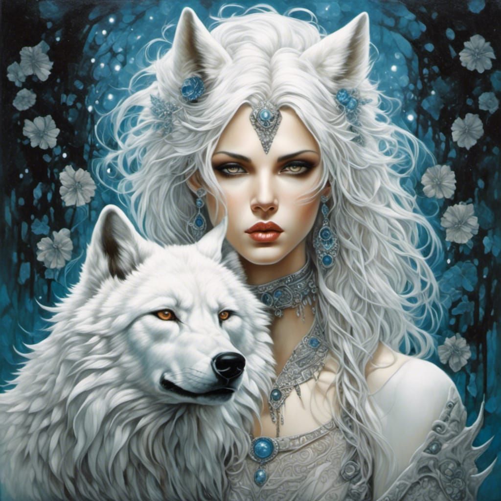 Beautiful White Wolf Girl in Mystical Adventure