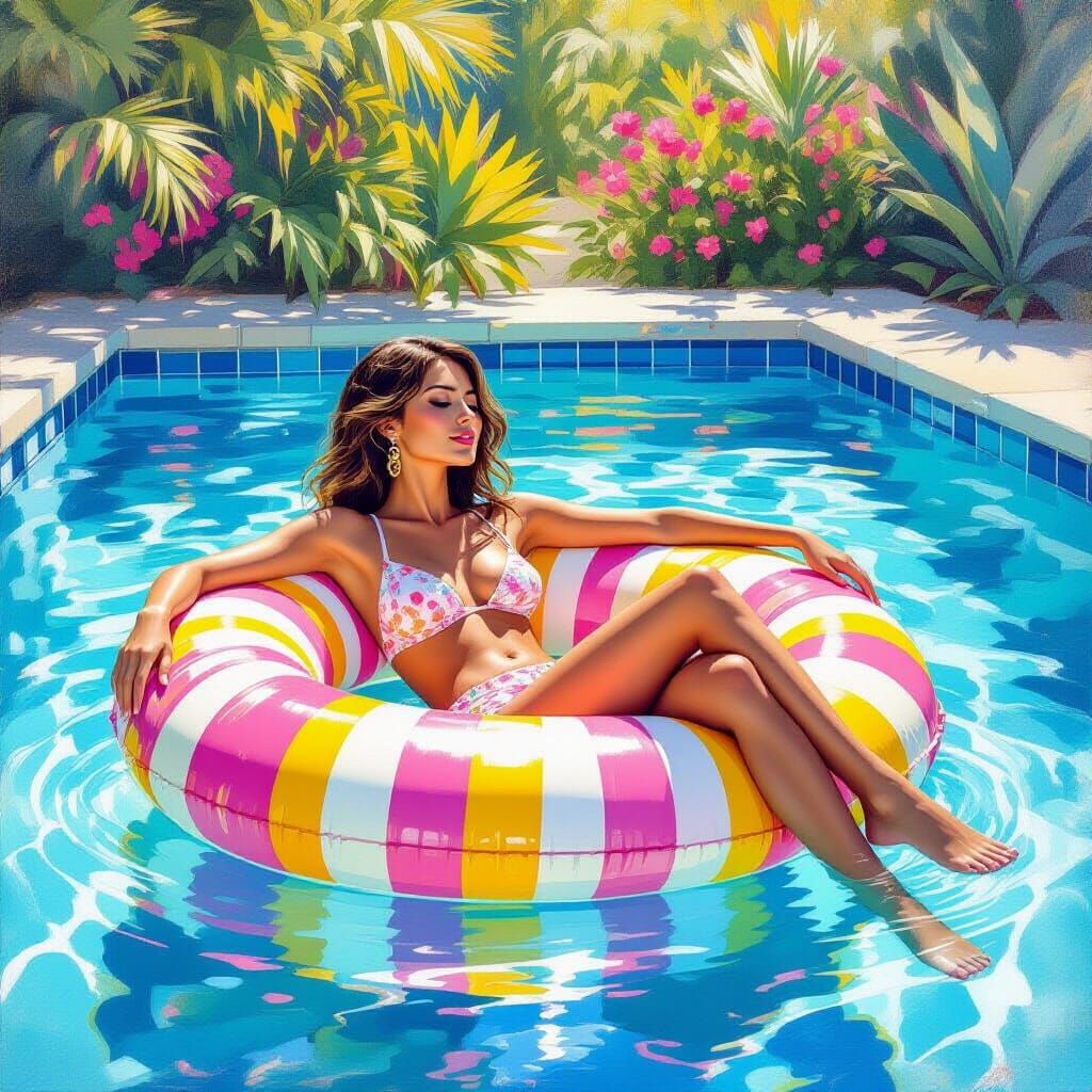 Woman Relaxing in Pool: Metamodern Impressionist Style