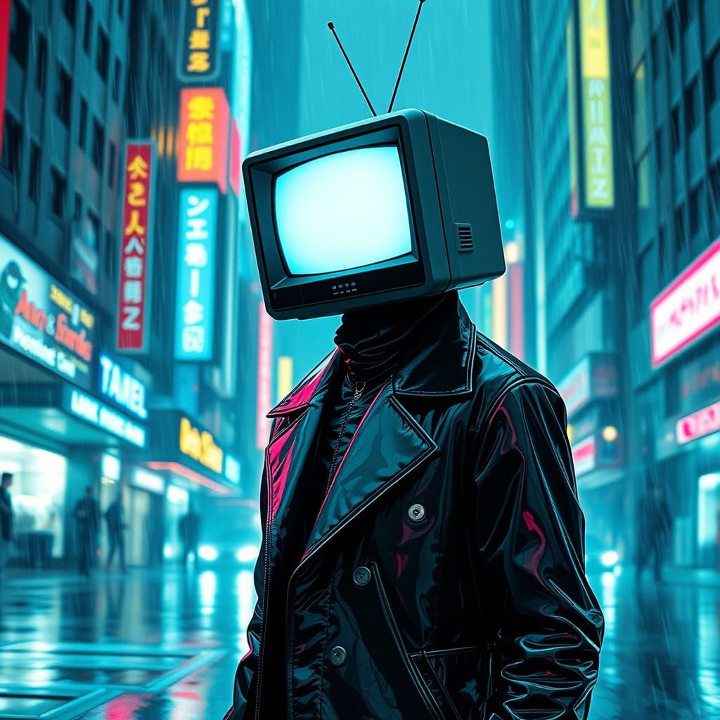 Man with TV Head in Neon Cyberpunk City