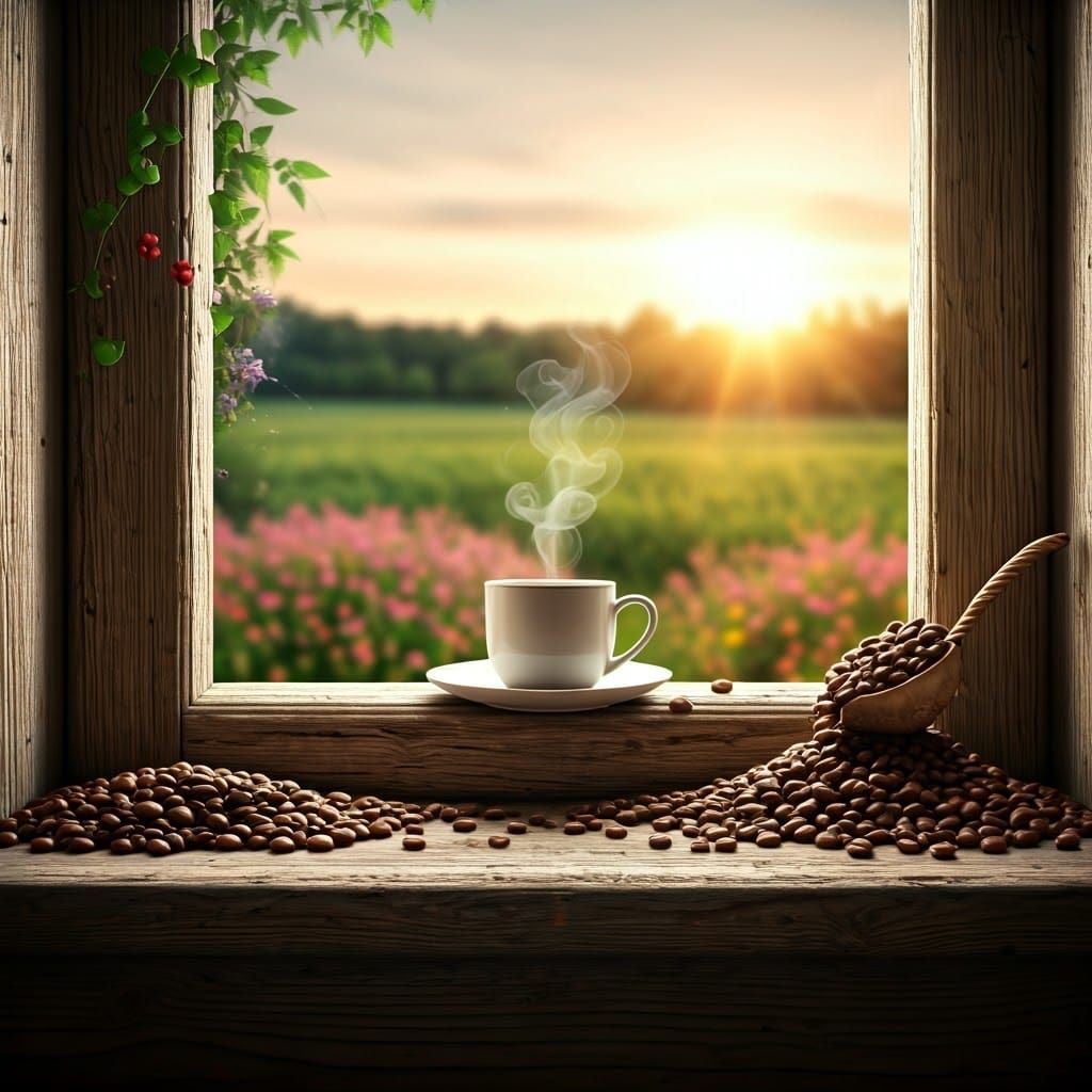 Magical Coffee Cup at Sunrise, Hyperrealistic Still Life