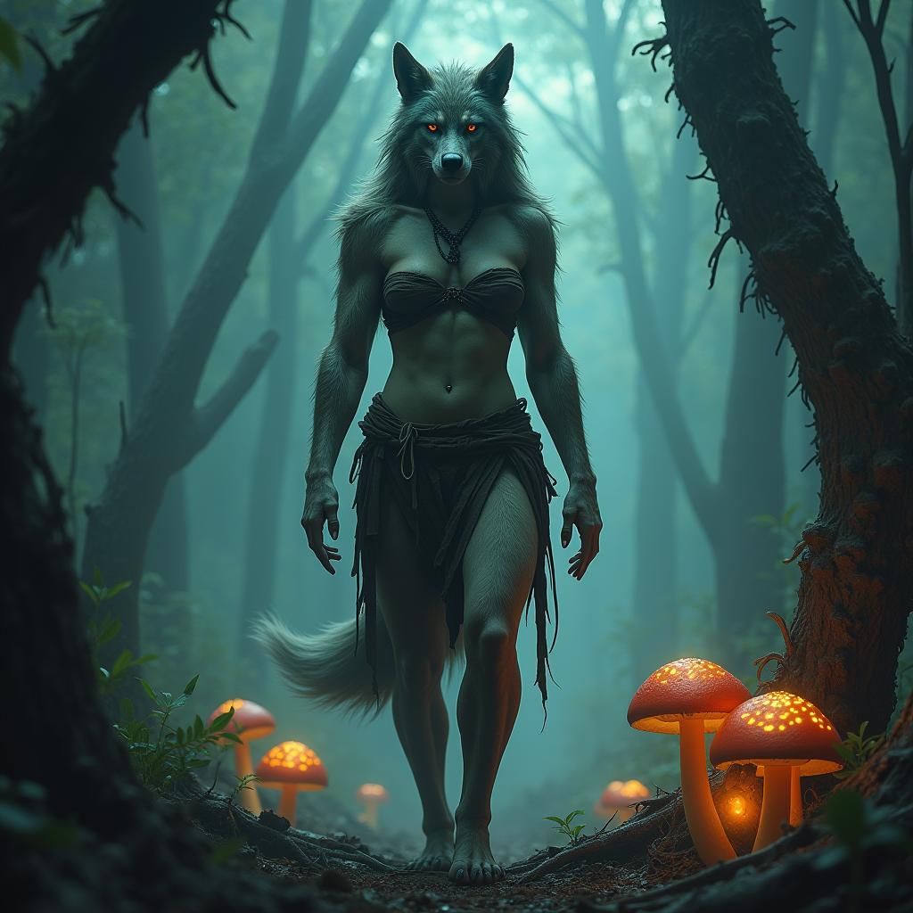 Heroic Female Werewolf in Misty Forest