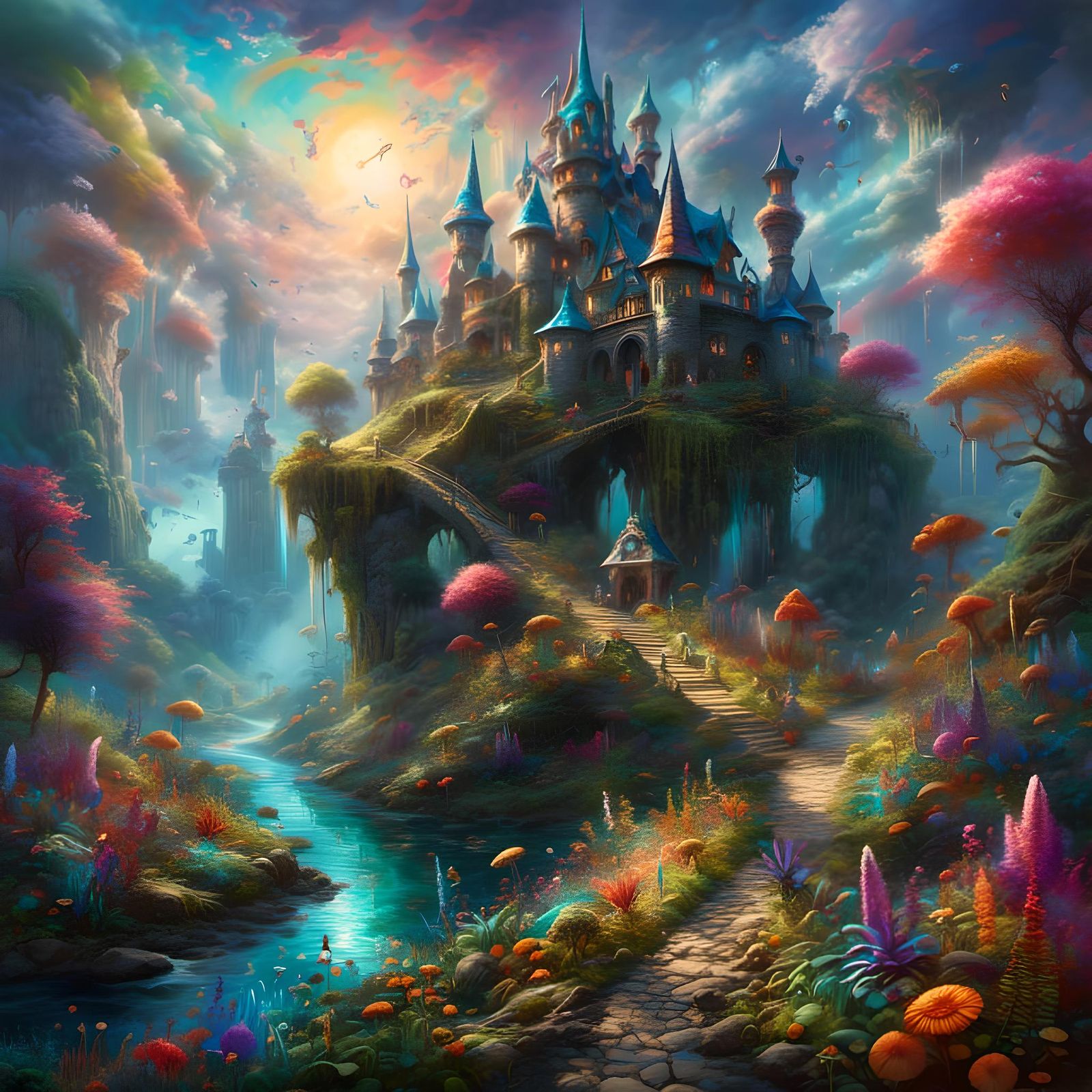 Magical Gathering at a Crystal Castle: Gouache Painting