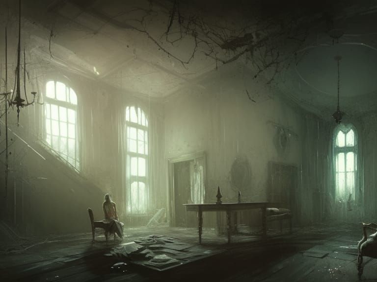 Ghostly Woman in Abandoned House: Dark Fantasy Art