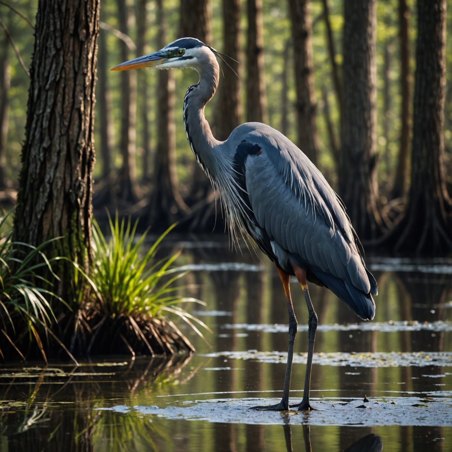 Majestic Great Blue Heron in Cypress Swamp