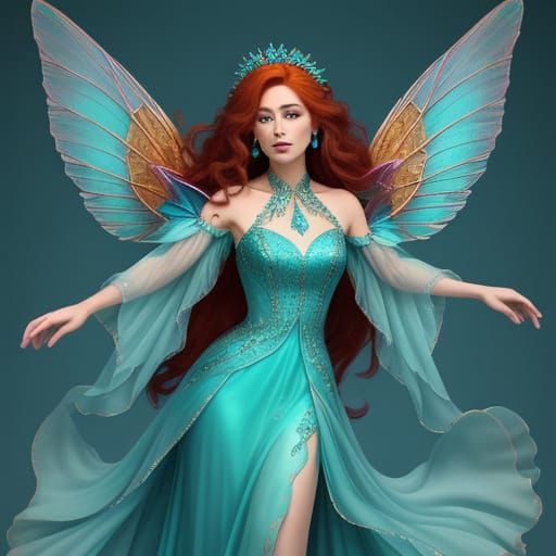 Auburn Haired Fairy in Turquoise Dress with Iridescent Wings