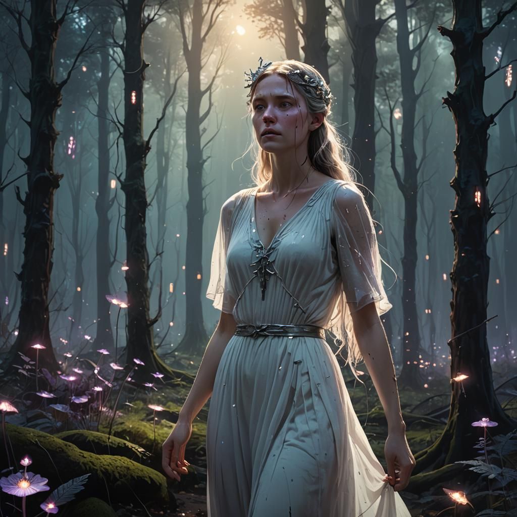 Crying Girl in Forest: Fantasy Matte Painting