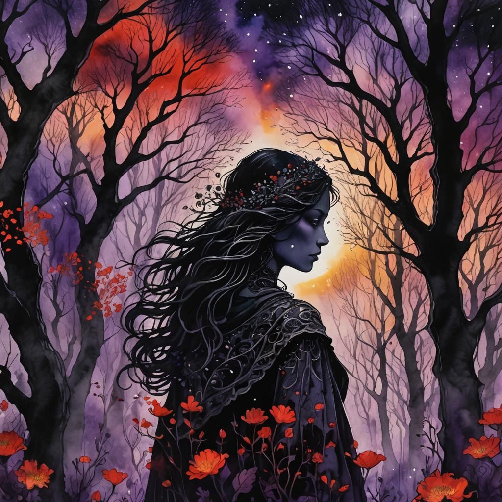 Mystical Forest: Dark Silhouette in Ink Wash Painting