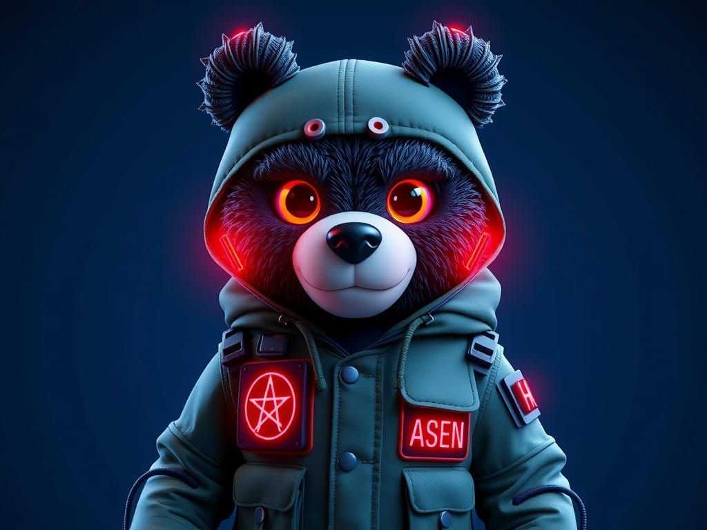 Cyberpunk Army Bear in Neon Camouflage Jacket