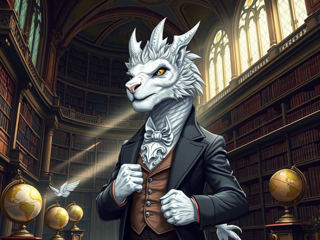 Dragon Librarian in Grand Victorian Library