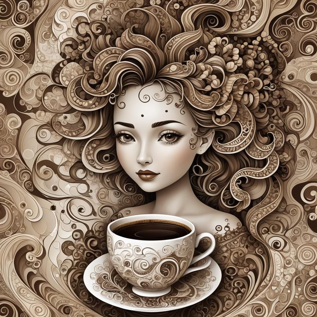 Woman Swimming in Coffee Cup: Abstract Vector Art