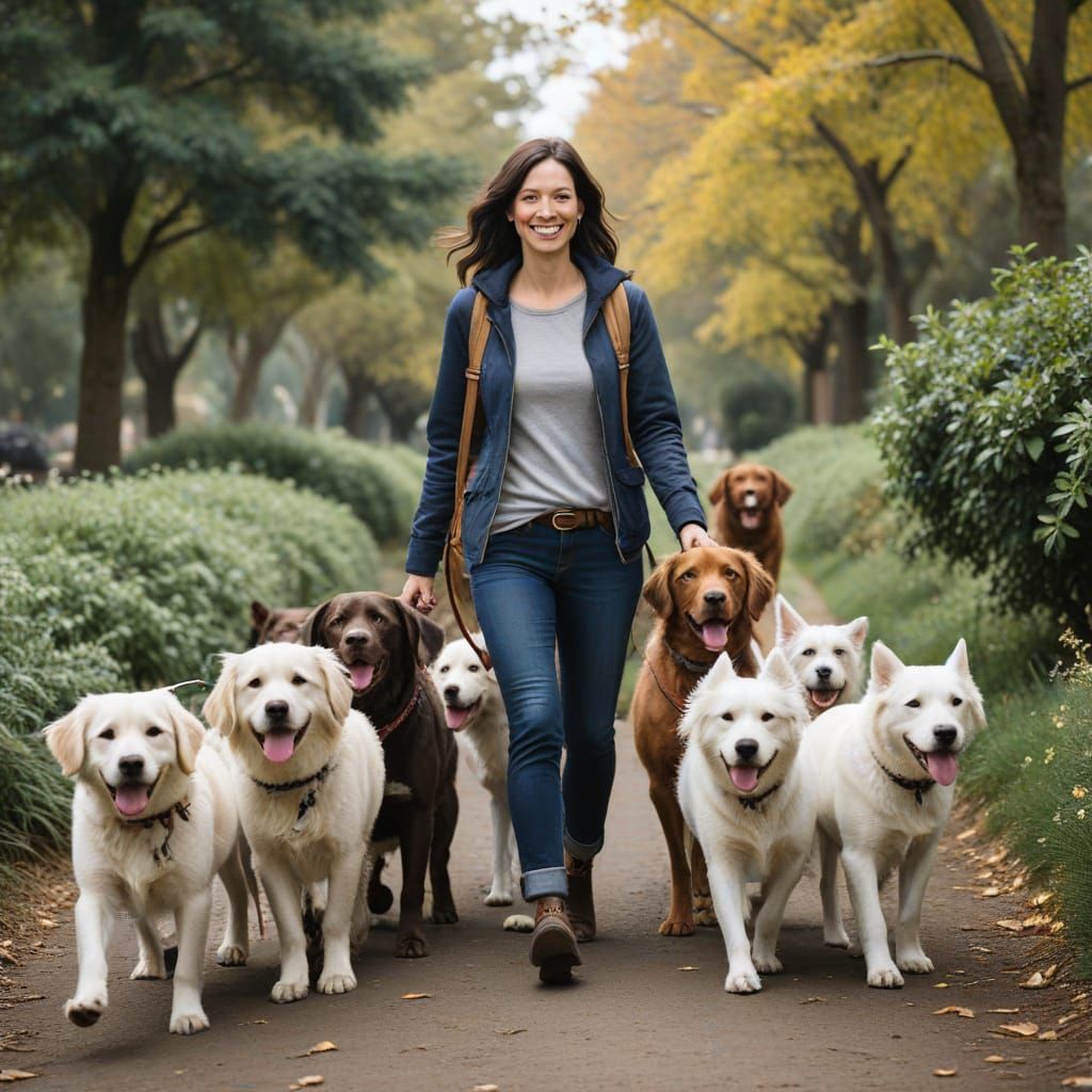 Whimsical Dog Walker and Friendly Dogs