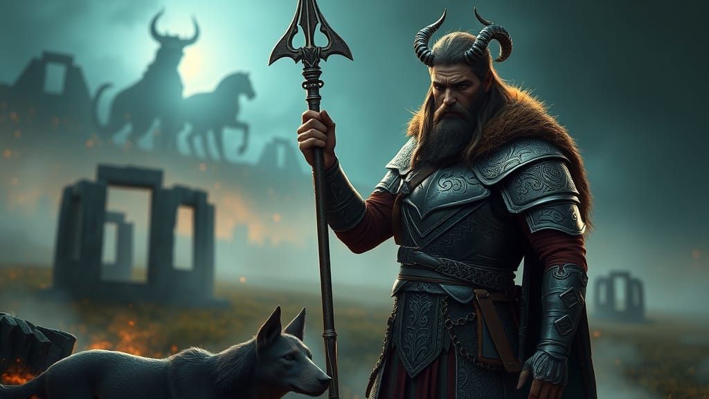 Epic Cúchulainn with Hound on Misty Battlefield