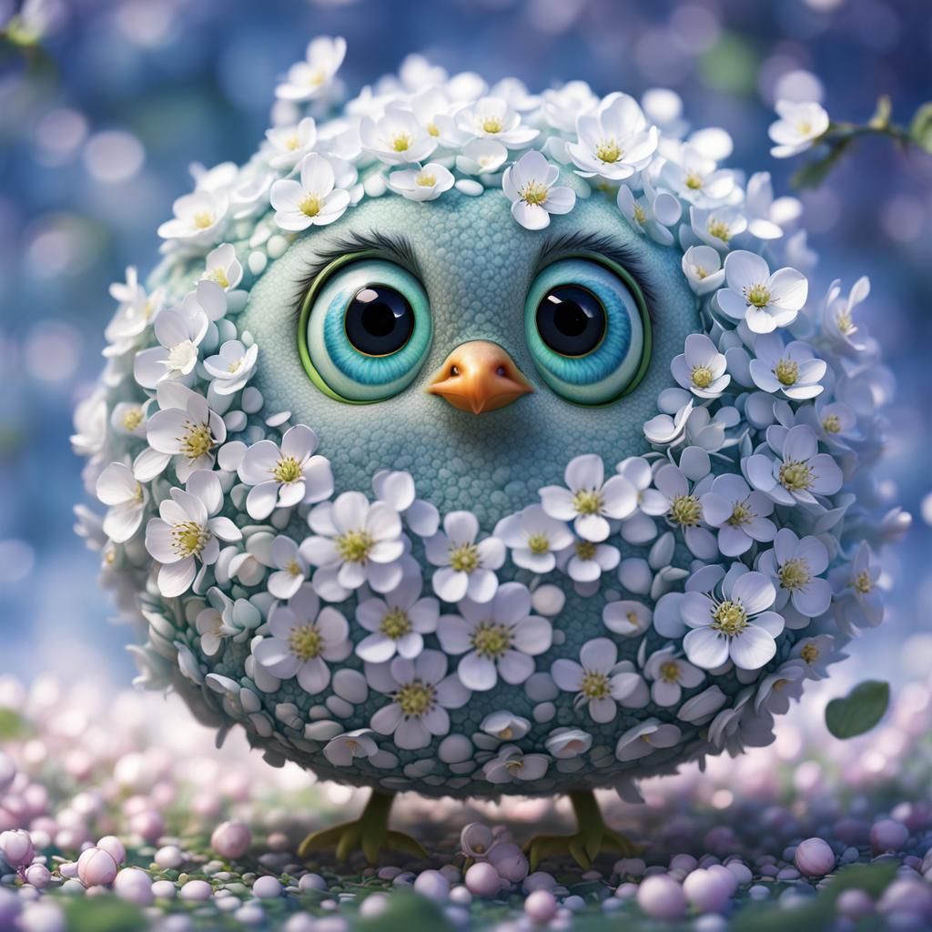 Cute adorable round bird made of light blue green petals, hu...