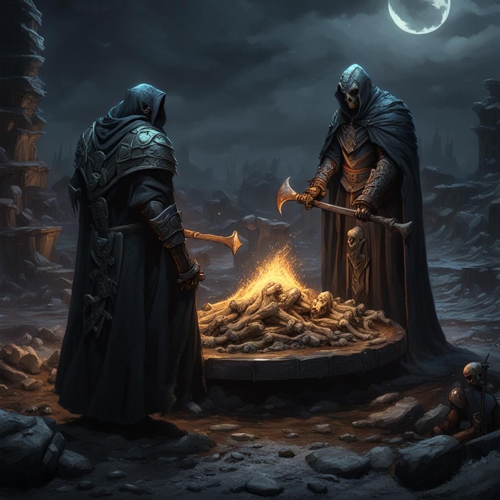 Necromancers Resurrect Bone Pile in Dark Fantasy Scene