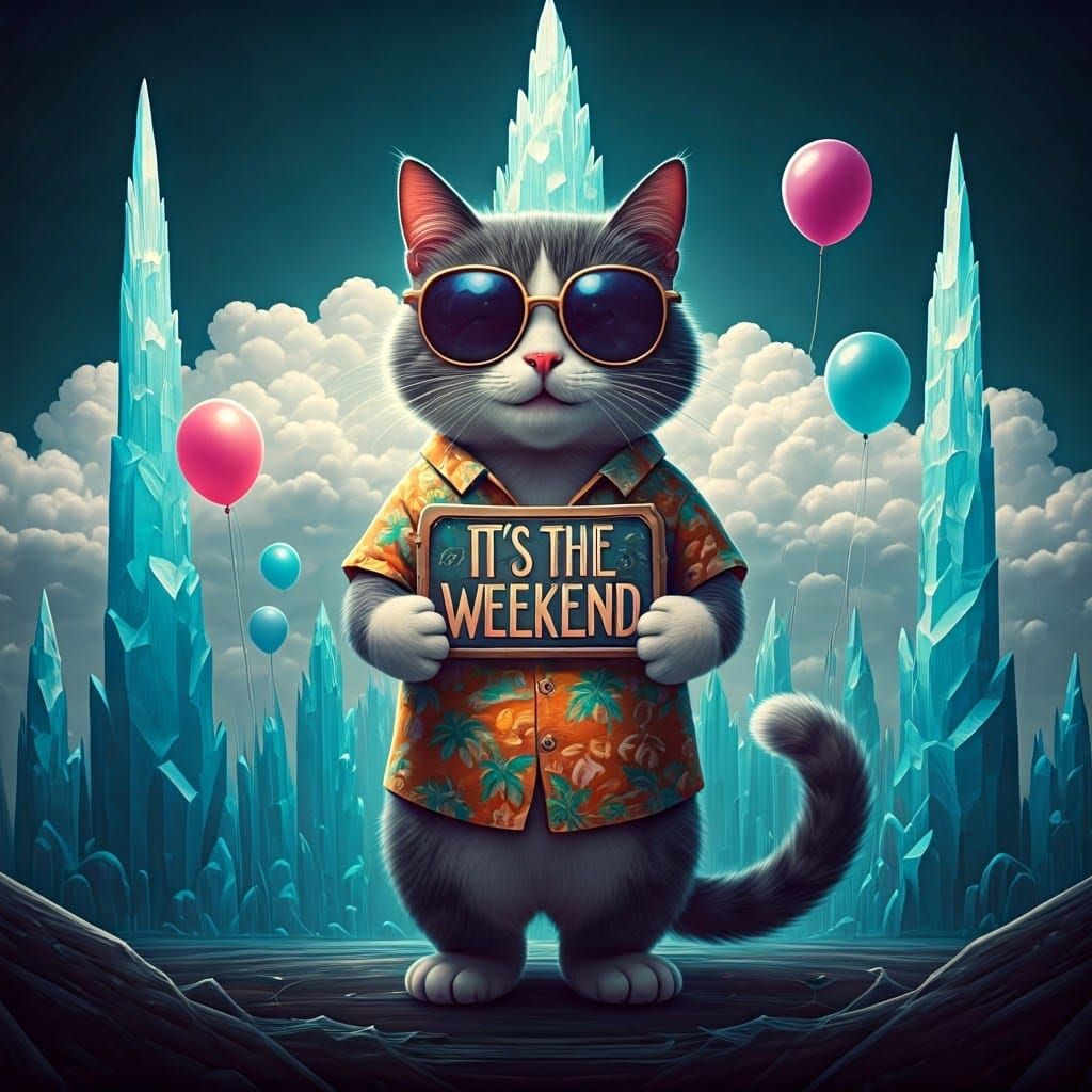 Whimsical Cat Celebrates Weekend in Vibrant, Dreamlike Lands...