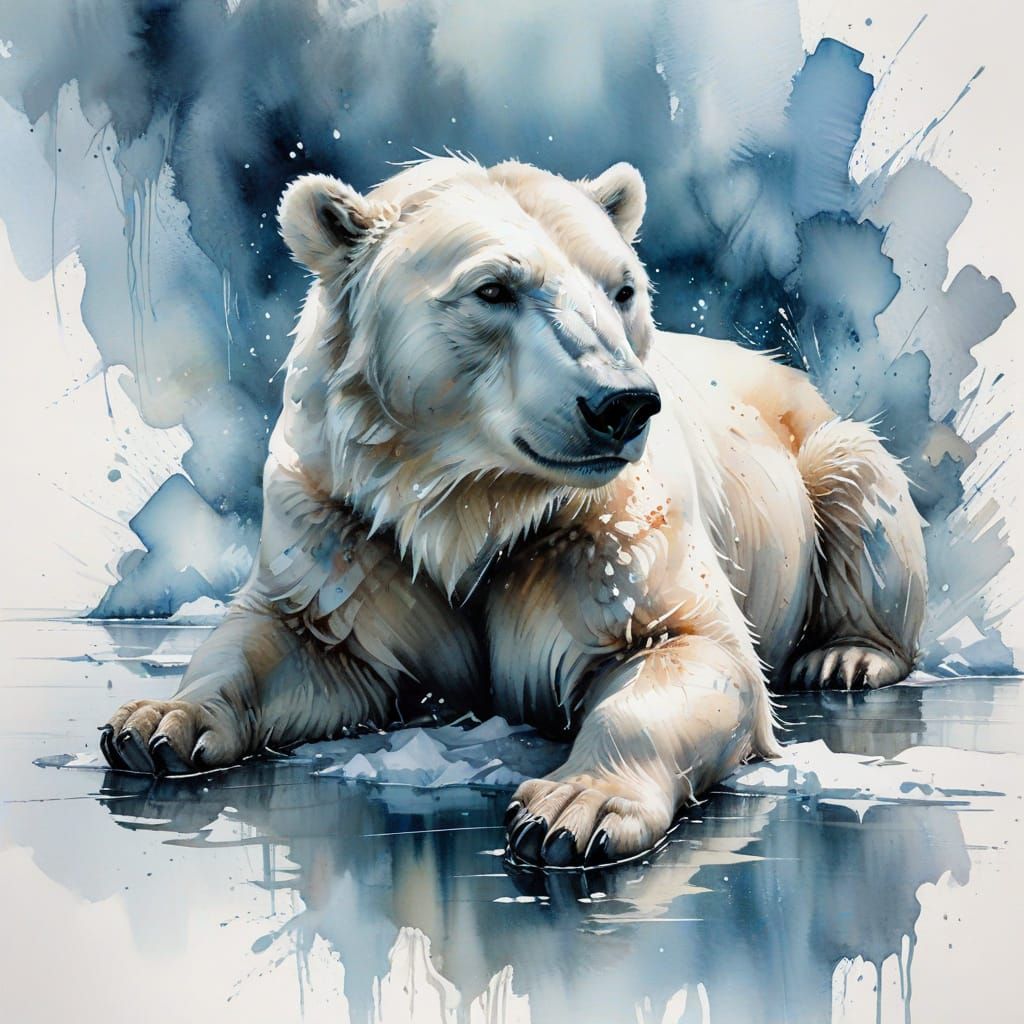 Polar Bear on Ice Floe in Watercolor Style