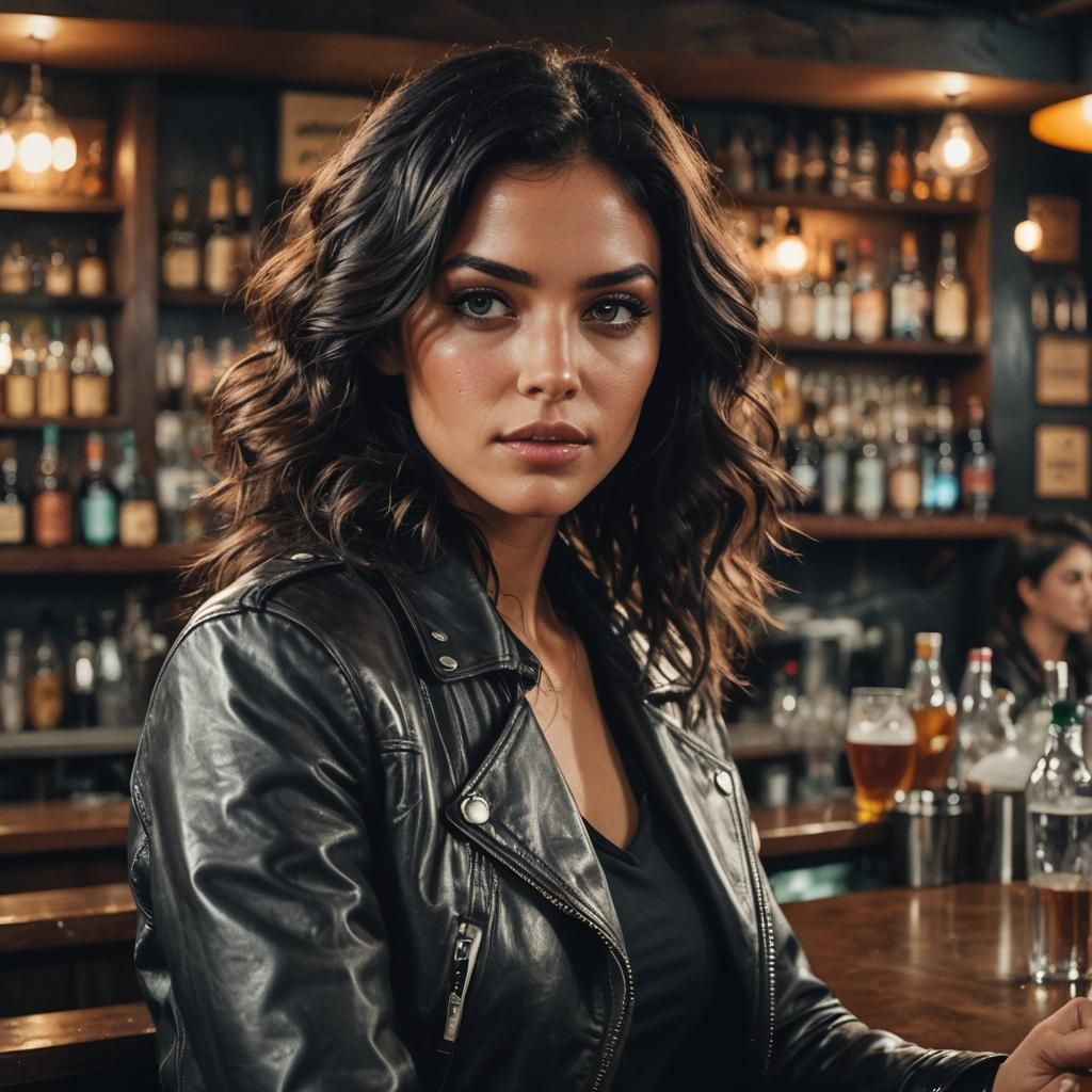 Cinematic Film Still: Woman at Bar with Dramatic Lighting