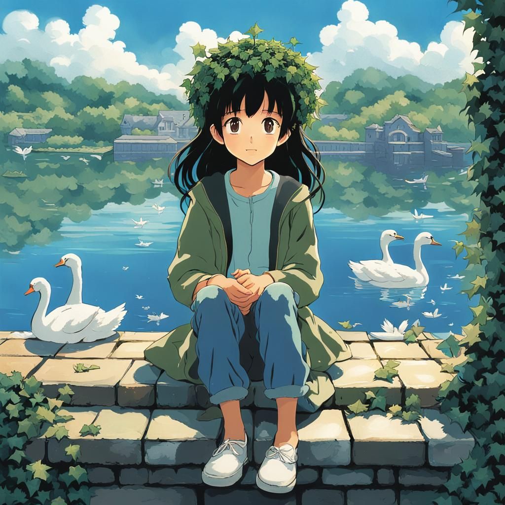 Ivy Fairy Overlooking Lake: Studio Ghibli Anime Art