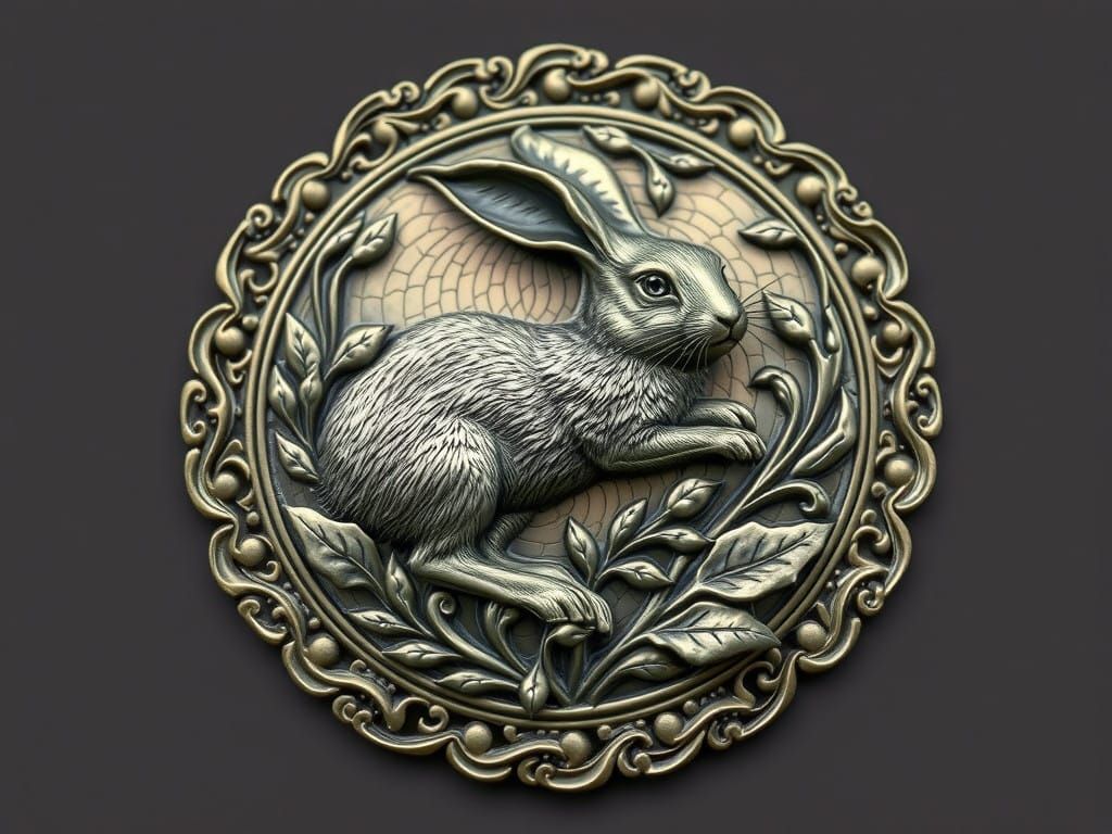 Art Nouveau-Inspired Steel Medallion with Hopping Rabbit