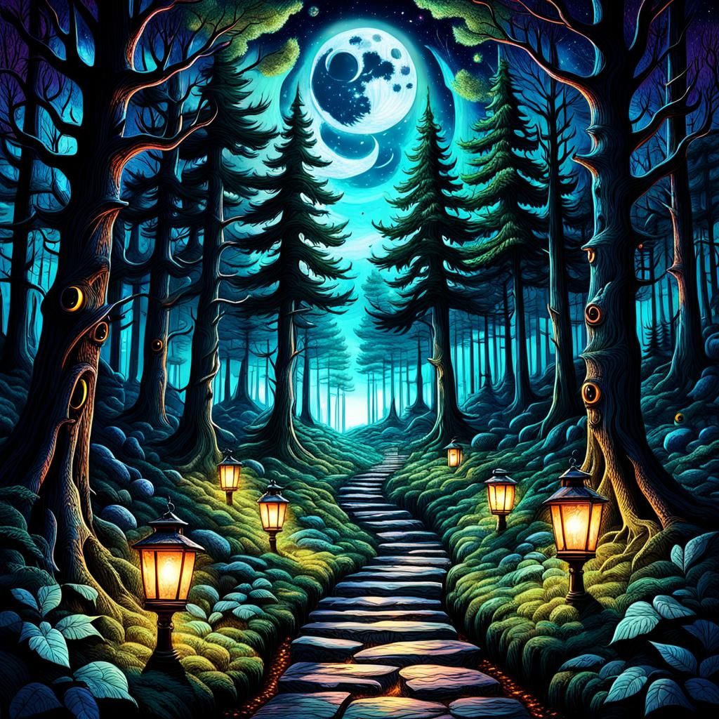 Magical Forest with Lanterns and Cosmic Sky